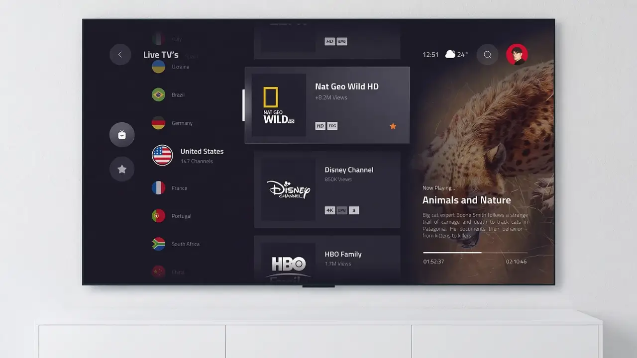Interface intuitive et moderne de l'application IPTV Smarters Pro sur grand écran